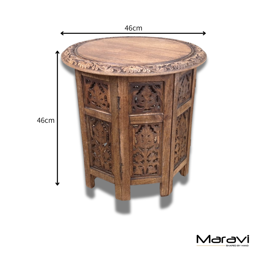 Rengali Large Mango Wood Side Table Leaf Carving