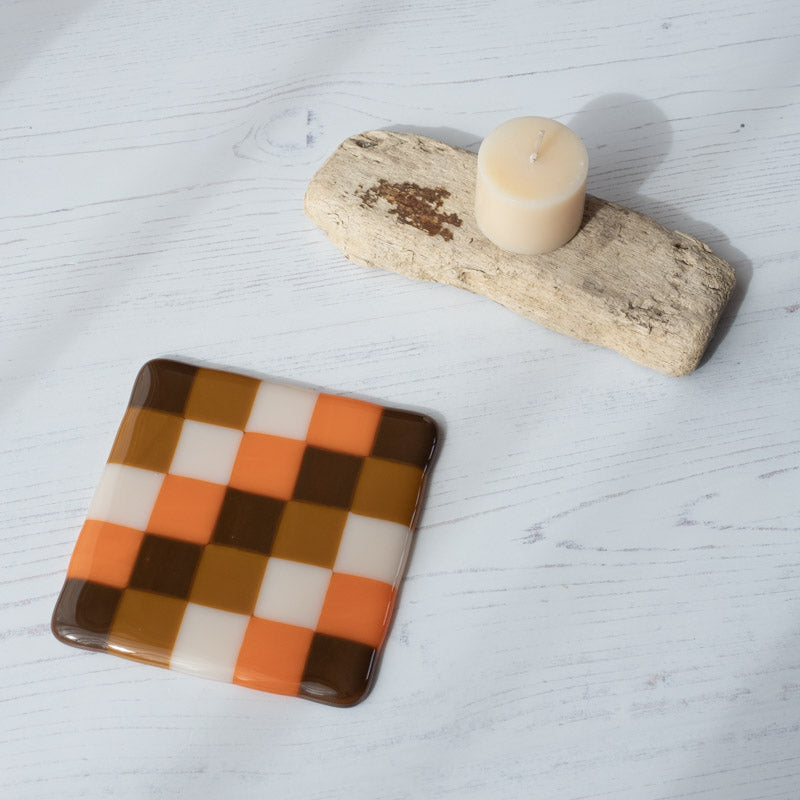 Handmade Glass Coaster - Brown & Orange Chequered Design by David Perry Glass & Ceramics (10cm-chequered-brown-orange-coaster-bullseye-collection)