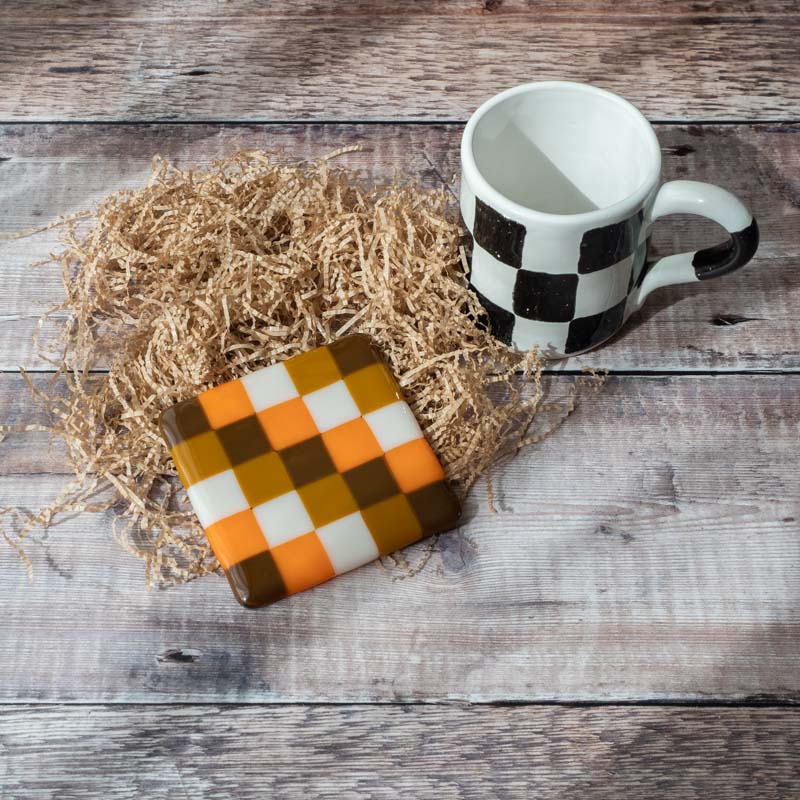 Handmade Glass Coaster - Brown & Orange Chequered Design by David Perry Glass & Ceramics (10cm-chequered-brown-orange-coaster-bullseye-collection)