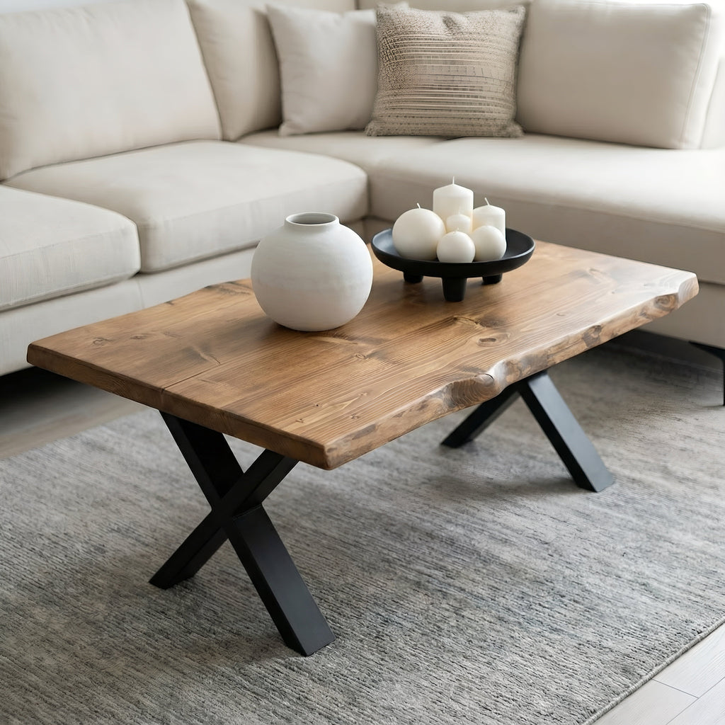RITA Live / Waney Edge Coffee Table With Metal X Legs
