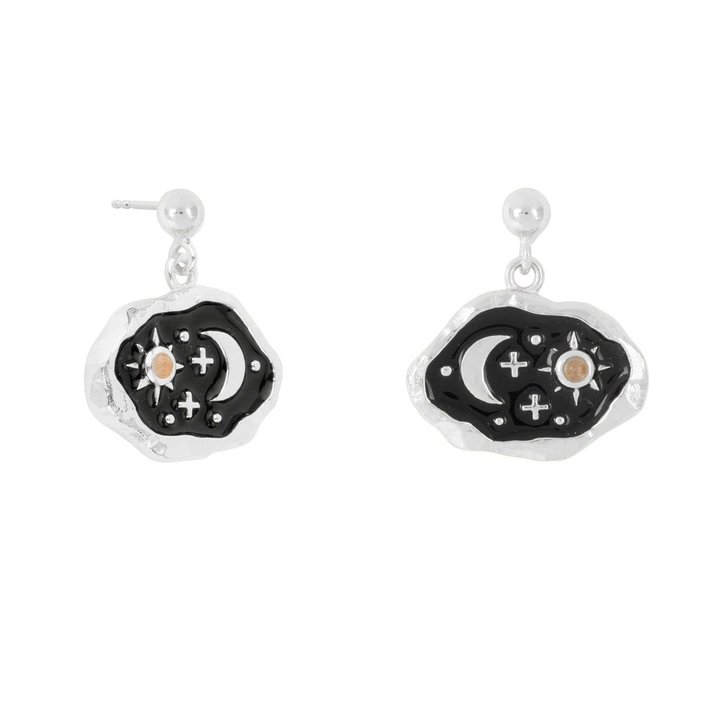 Midnight Scene Rose Quartz and Black Enamel Stud Silver