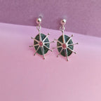 Pink Rhodonite and Green Enamel 8 Point Star Stud Silver