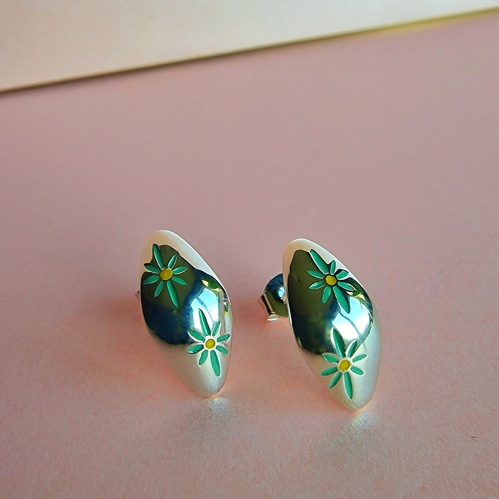 Silver Enamel Flower Stud Earring