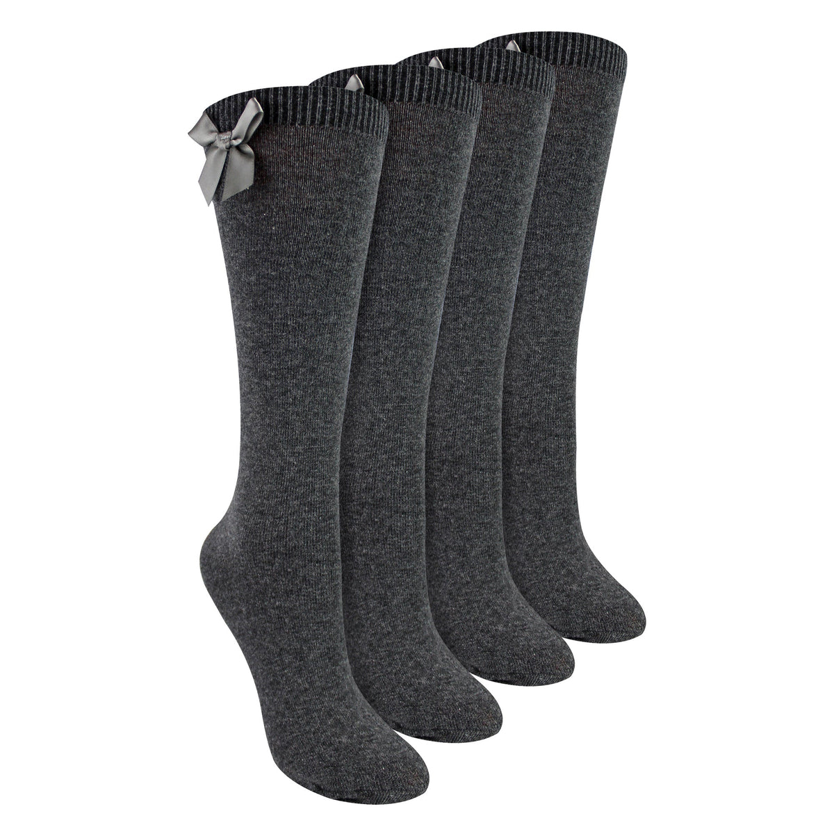 Girls 4 Pack Knee High School Socks with Ribbon Bow | Kids Plain Long Socks