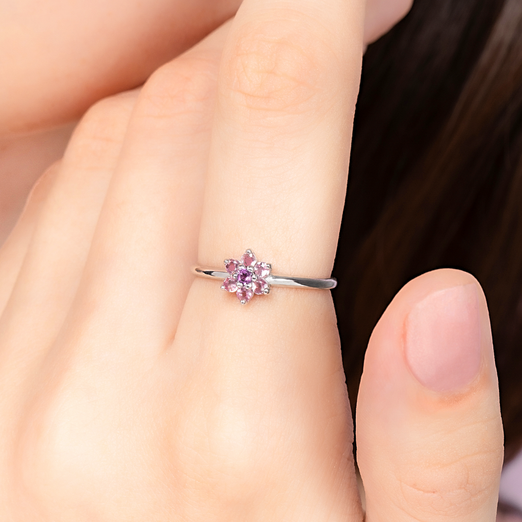 Pink Tourmaline and Amethyst Flower Ring in Sterling Silver