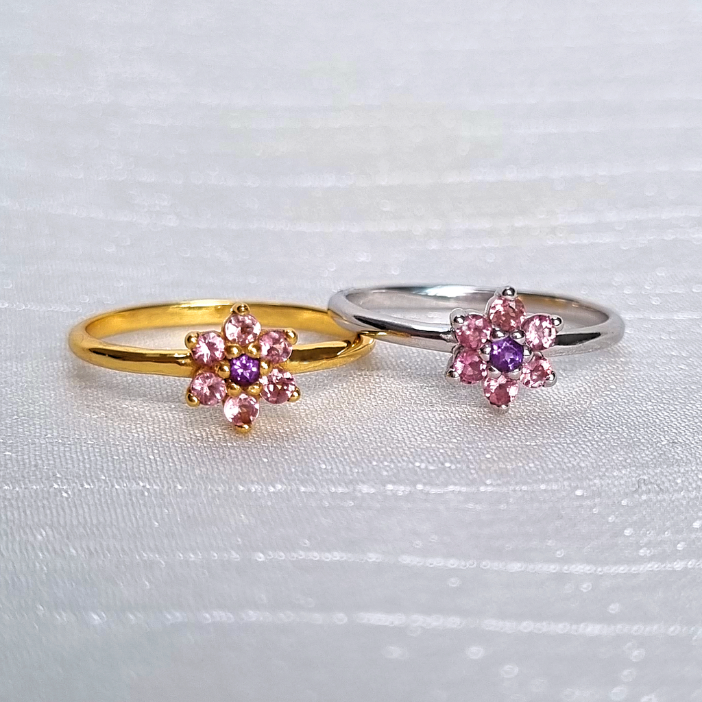 Pink Tourmaline and Amethyst Flower Ring in Sterling Silver