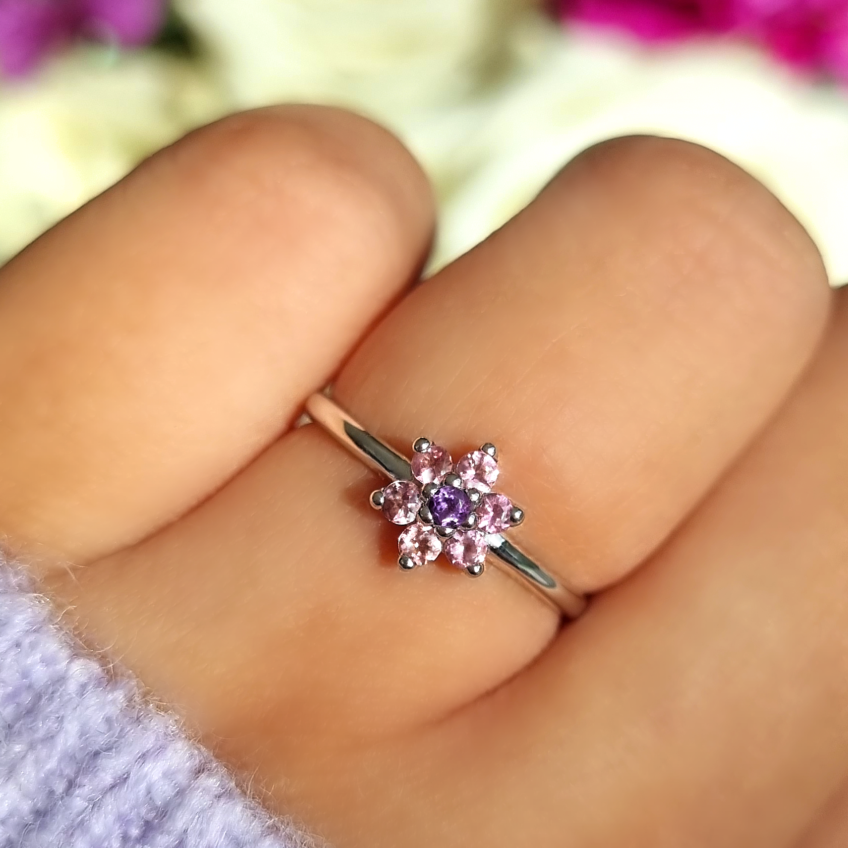 Pink Tourmaline and Amethyst Flower Ring in Sterling Silver