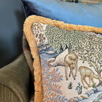 William Morris Deer garden tapestry cushion with mustard gold fringing