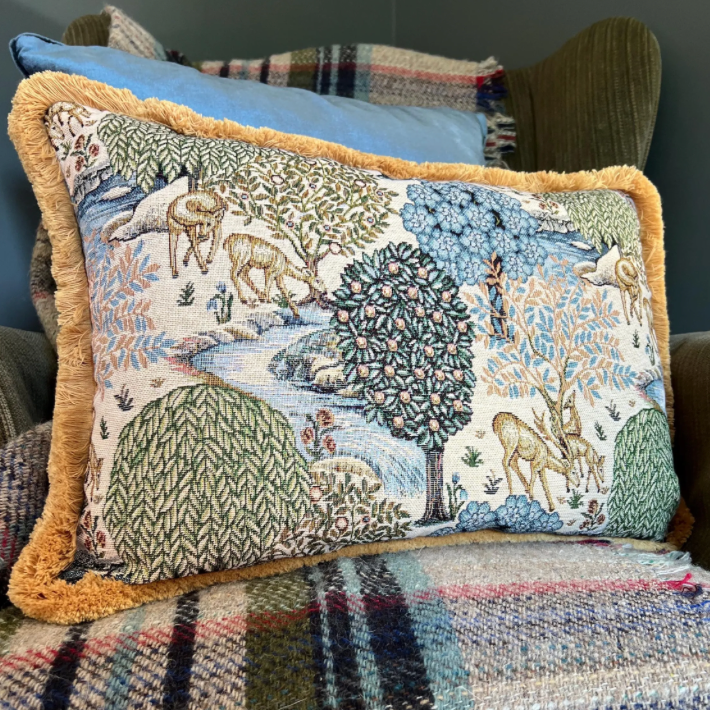 William Morris Deer garden tapestry cushion with mustard gold fringing