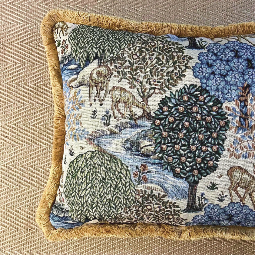 William Morris Deer garden tapestry cushion with mustard gold fringing