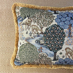 William Morris Deer garden tapestry cushion with mustard gold fringing