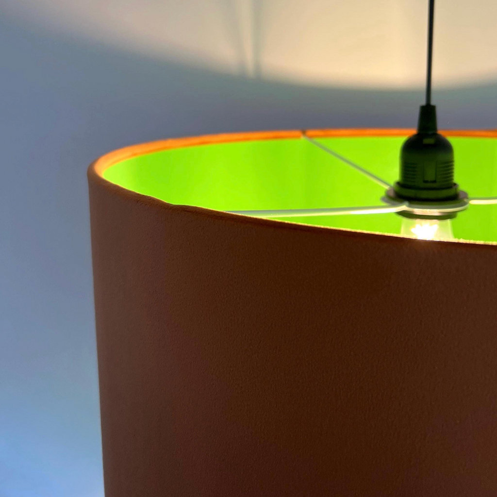 Burnt Orange Velvet & Green Cotton Double Sided Drum Lampshade | Handmade Ceiling Light Shade | Bespoke UK