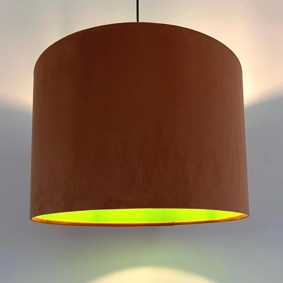 Burnt Orange Velvet & Green Cotton Double Sided Drum Lampshade | Handmade Ceiling Light Shade | Bespoke UK