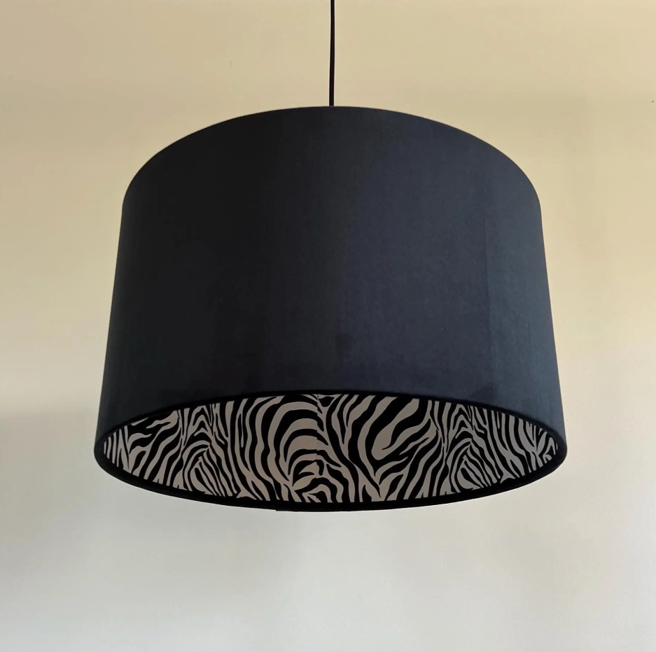 Black Velvet & Zebra Cotton Double Sided Drum Lampshade | Handmade Ceiling Light Shade | Bespoke UK