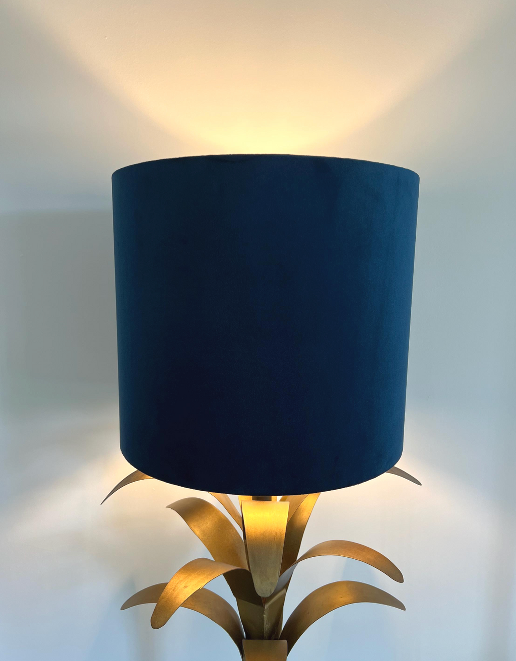 Navy velvet wonderland drum lampshade, double sided lampshade with sage wonderland paper interior