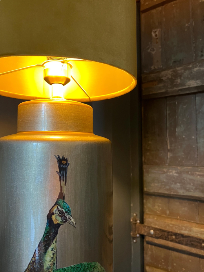 Mustard velvet drum lampshade/ ceiling shade with a metallic brushed gold lining