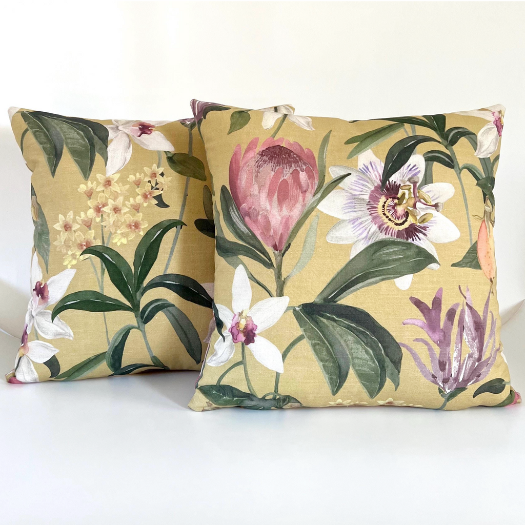 Mustard passionflower cotton cushion, scatter cushions