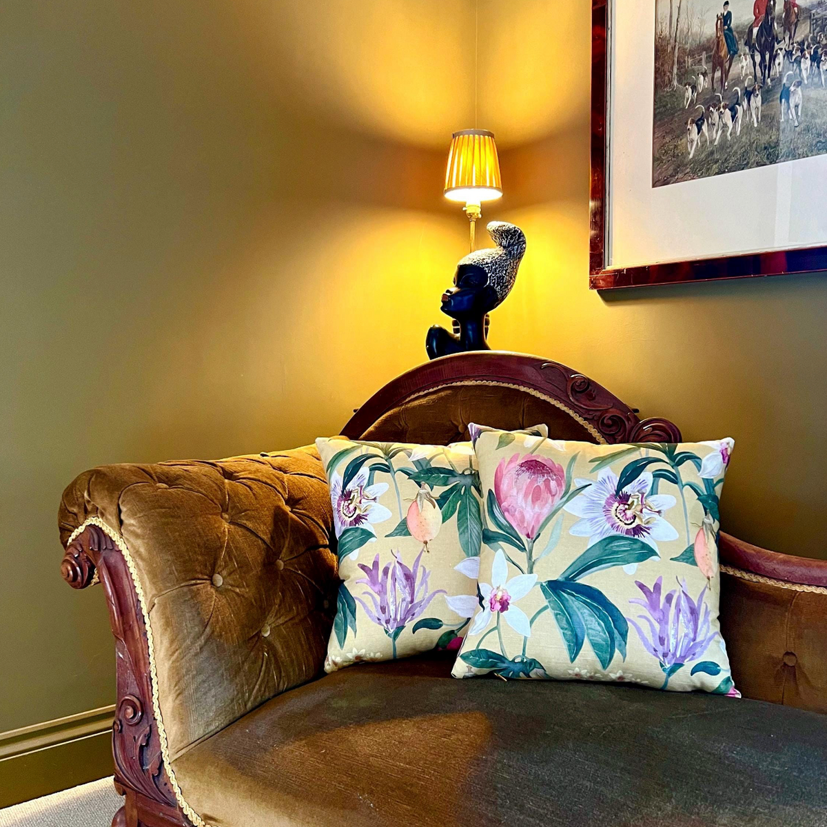 Mustard passionflower cotton cushion, scatter cushions