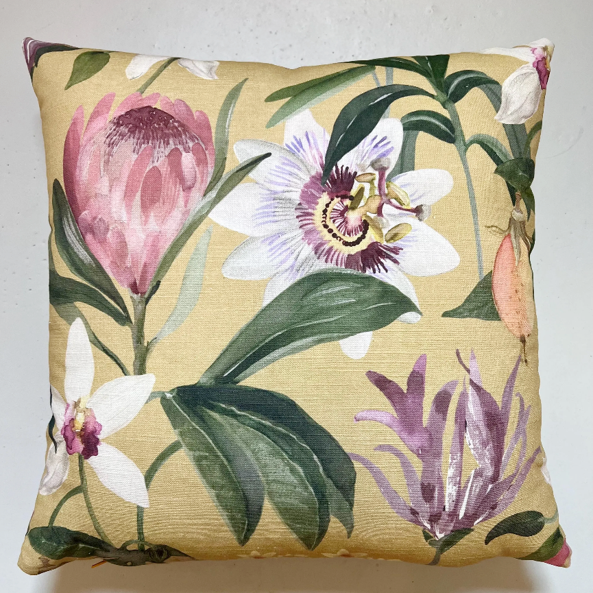 Mustard passionflower cotton cushion, scatter cushions