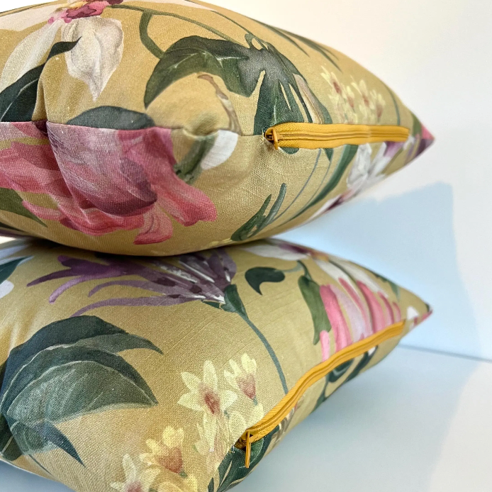 Mustard passionflower cotton cushion, scatter cushions