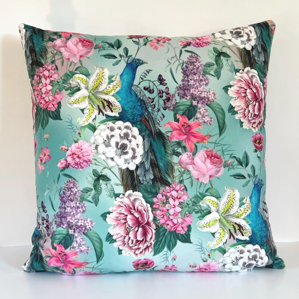 Peacock floral velvet throw cushion, in duck egg. Scatter cushion