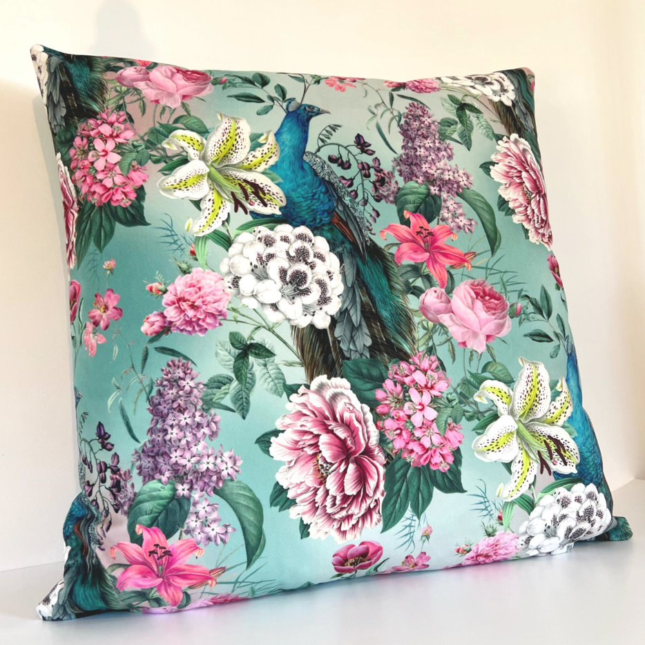 Peacock floral velvet throw cushion, in duck egg. Scatter cushion