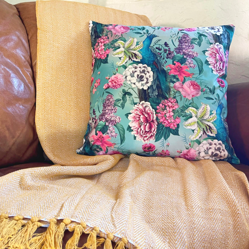 Peacock floral velvet throw cushion, in duck egg. Scatter cushion