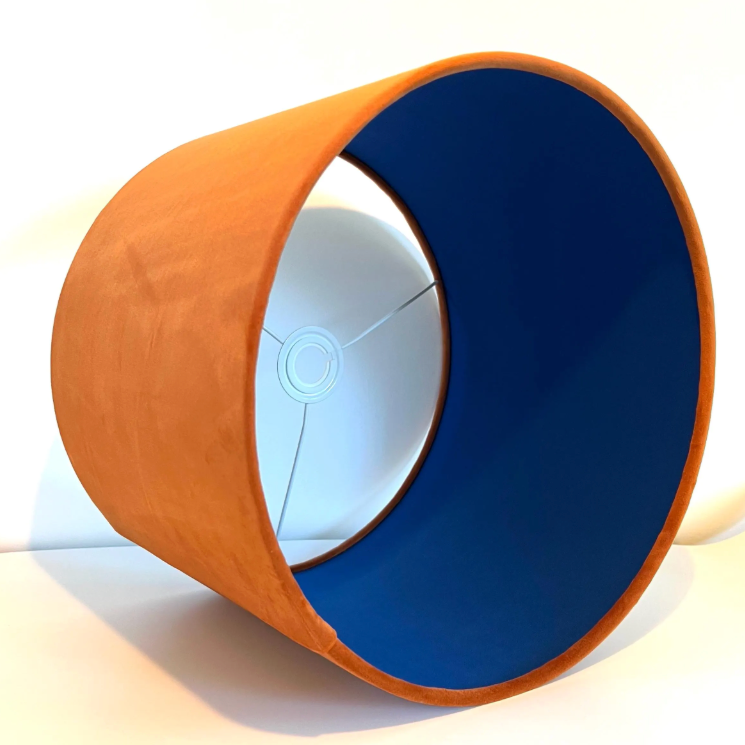 Burnt Orange Velvet & Royal Blue Cotton Double Sided Drum Lampshade | Handmade Ceiling Light Shade | Bespoke UK