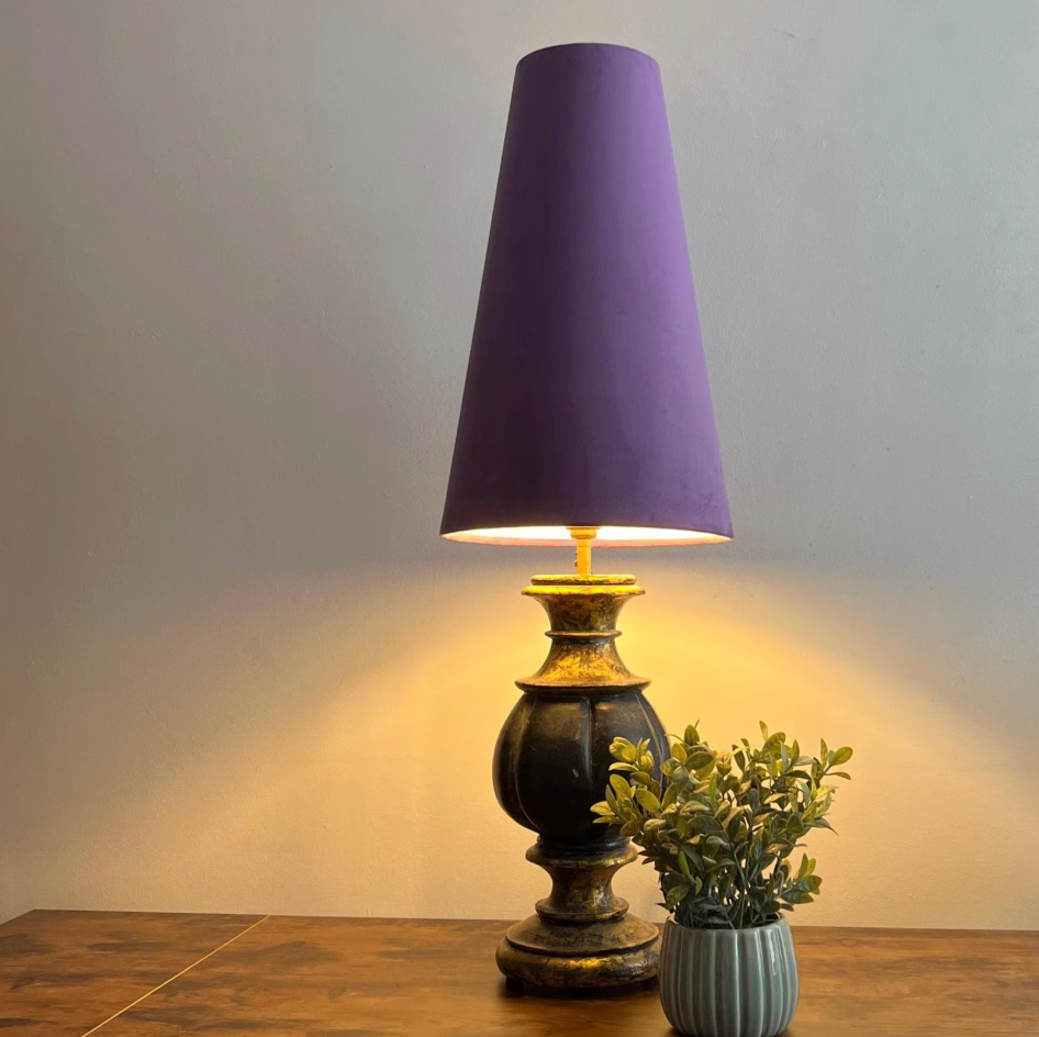 Purple Velvet Lampshade | Extra Tall Cone Light Shade | Bespoke Handmade UK