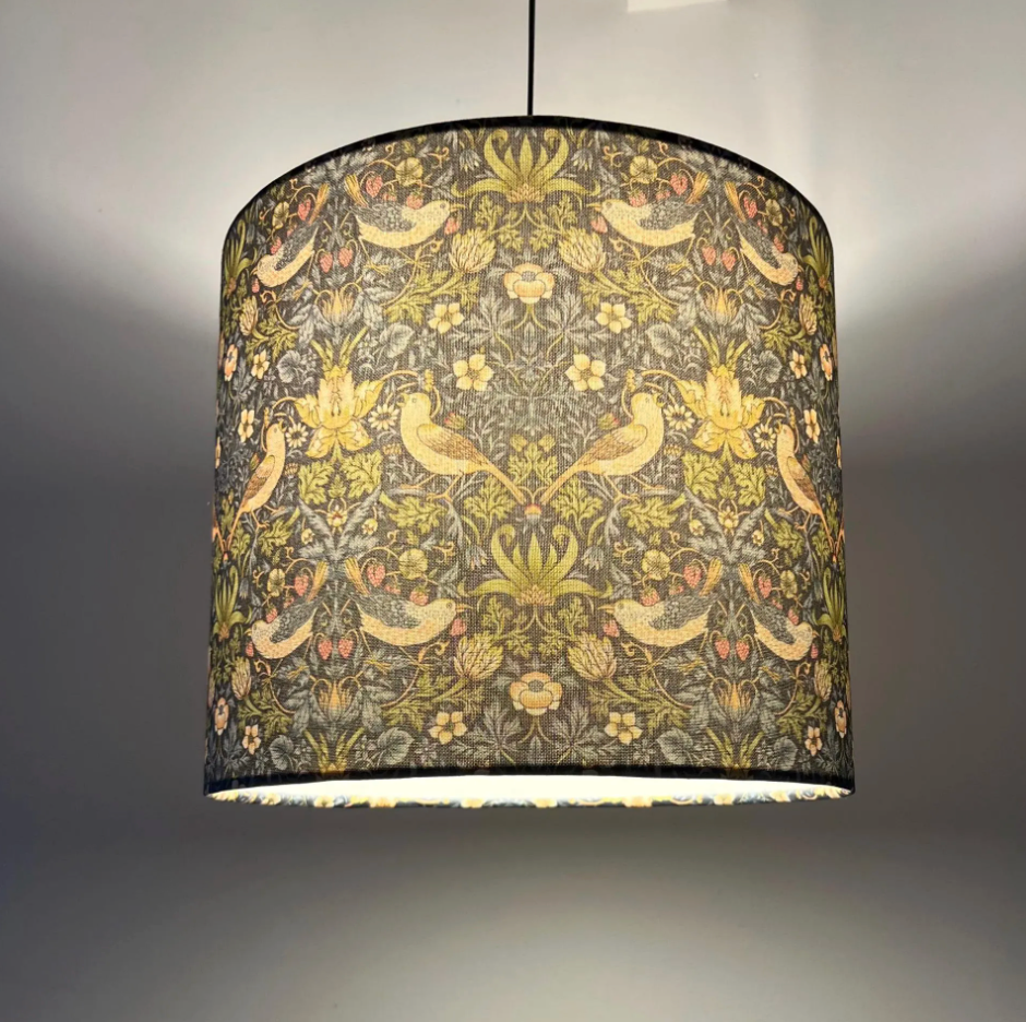 William Morris Navy strawberry thief cotton drum lampshade/ ceiling shade with a white lining