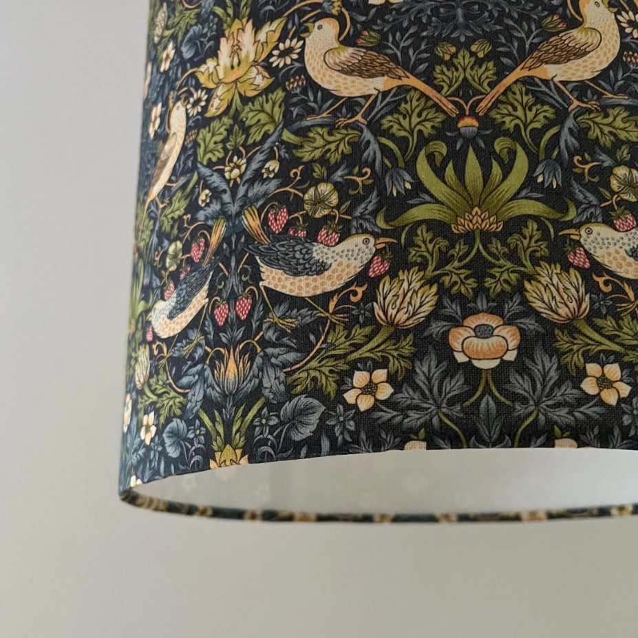 William Morris Navy strawberry thief cotton drum lampshade/ ceiling shade with a white lining