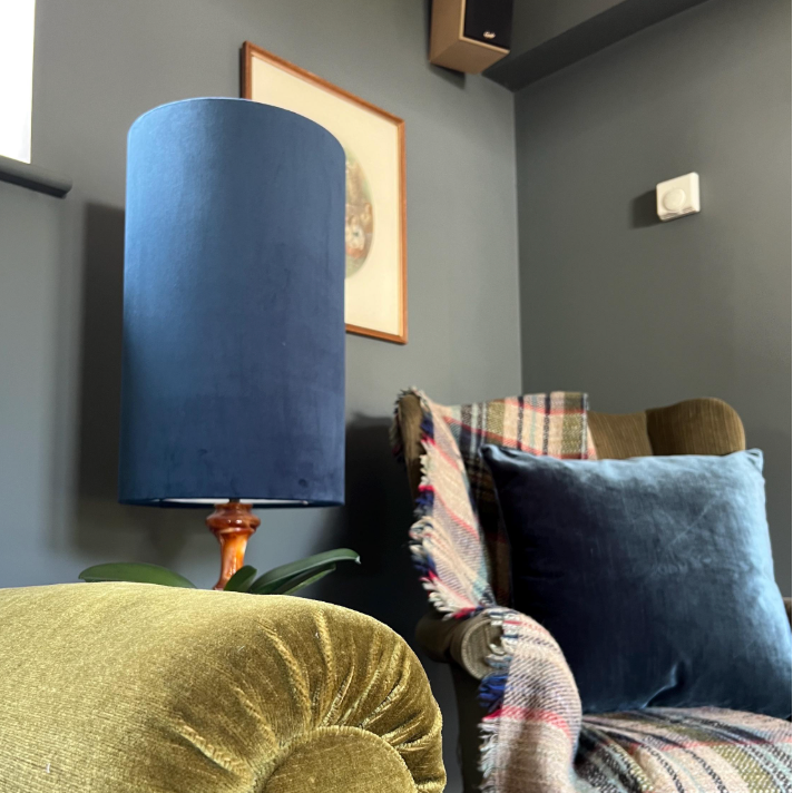 Navy Velvet Cylinder Lampshade | Extra Tall Drum Light Shade | Handmade UK