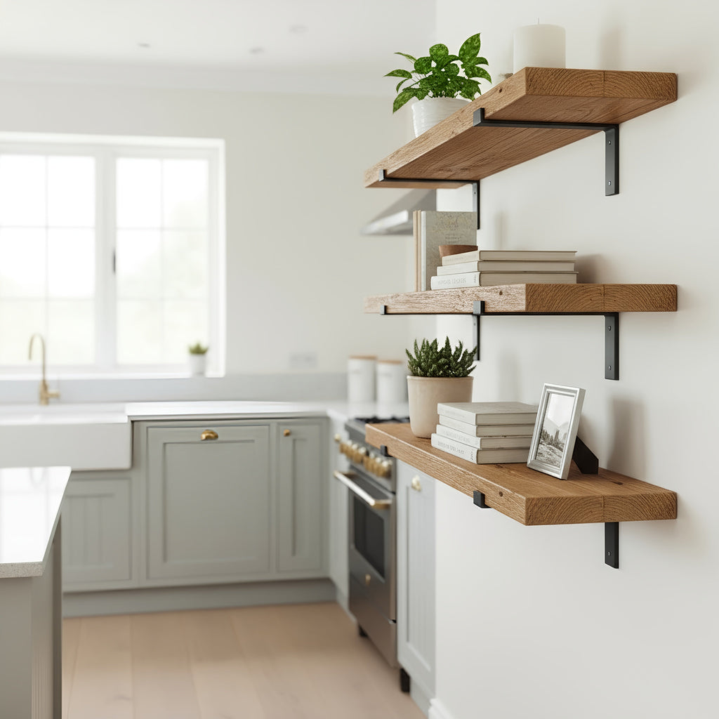 Rustic Wooden Shelf with Lipped Metal Brackets
