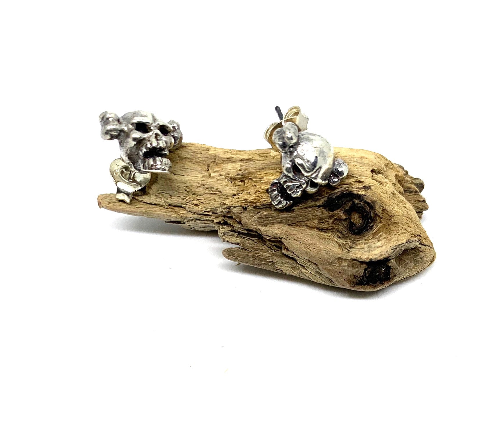 Sterling Silver Skull Bone Stud Earrings – Handcrafted Gothic Style