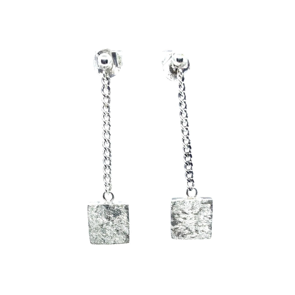Square Drop Chain Stud Earrings – Sterling Silver 925