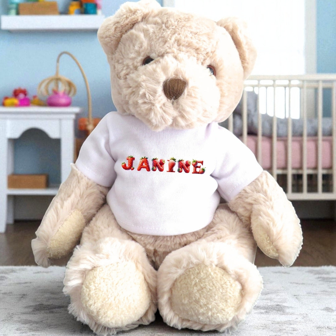 Personalised Luxury Teddy Bear with Strawberry Name T-Shirt
