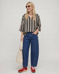 Vi Brown Stripe Print V-Neck Shirt