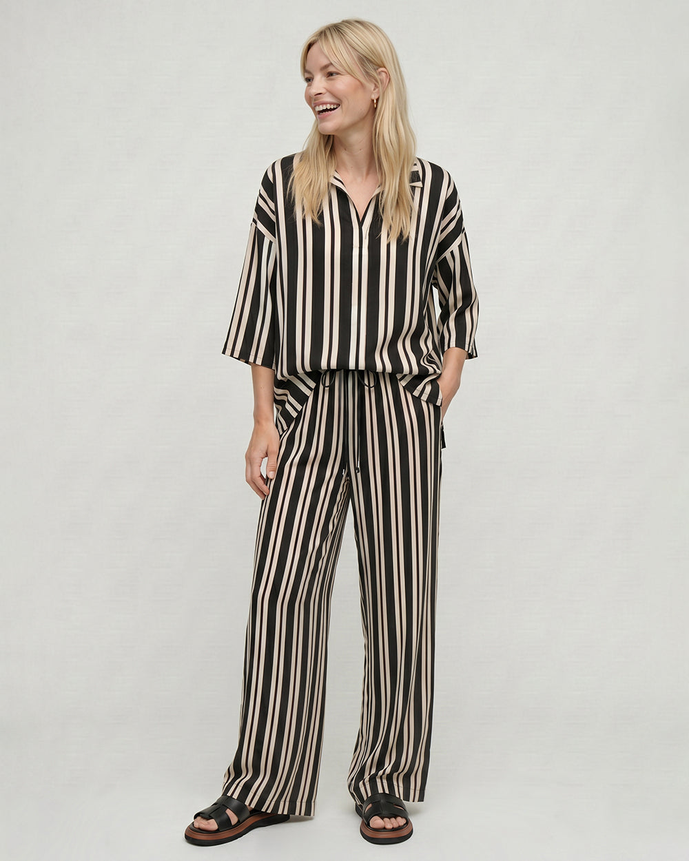 Thi Brown Stripe Print Wide Leg Trouser