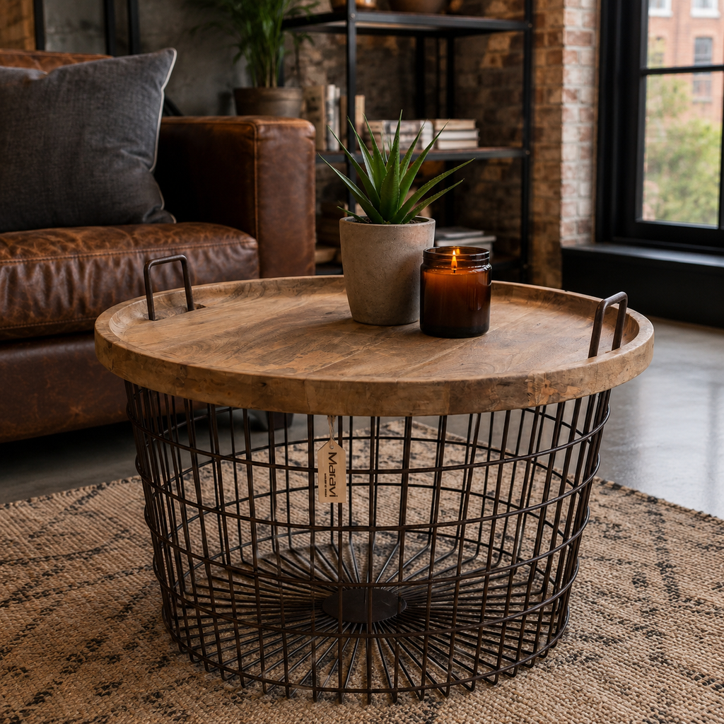 Tilpi Industrial Basket Table With Wood Lid