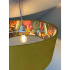 Olive green velvet wonderland drum lampshade, double sided lampshade with wonderland paper interior