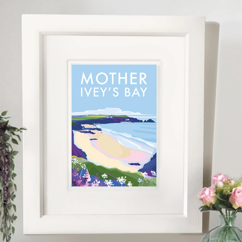 Cornwall Coastal Poster – Mother Ivey's Bay Vintage Travel Art by BeckyBettesworth (mother-iveys-bay)