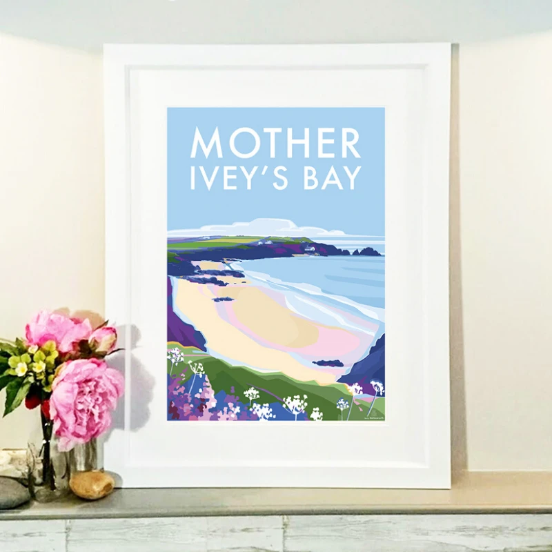 Cornwall Coastal Poster – Mother Ivey's Bay Vintage Travel Art by BeckyBettesworth (mother-iveys-bay)