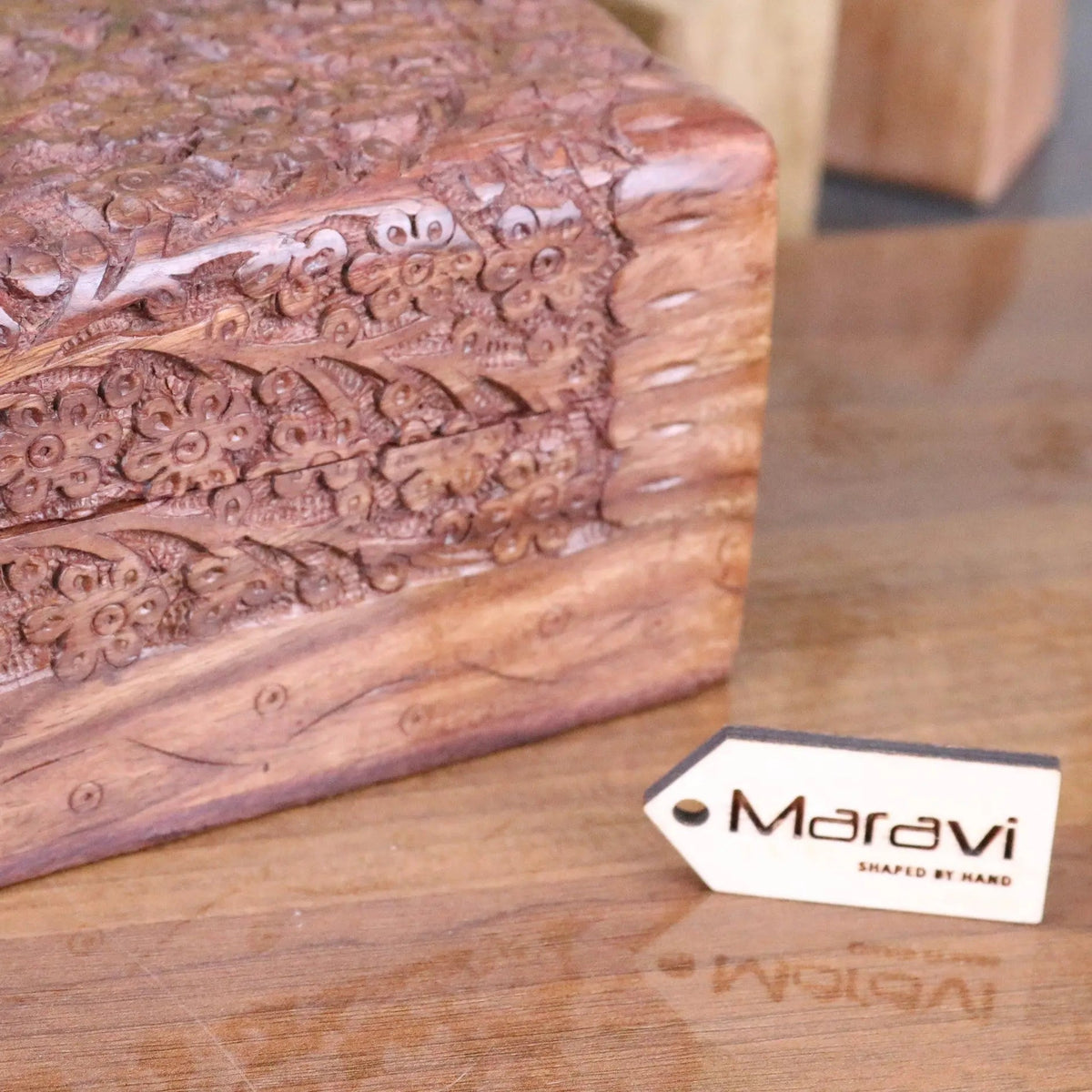 Vansuri Large Hand Carved Wooden Box Velvet Lined