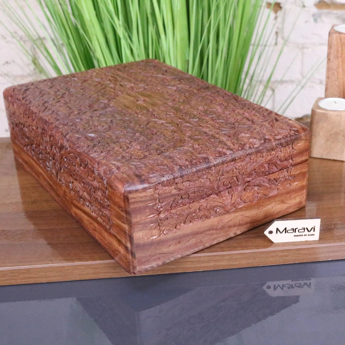 Vansuri Large Hand Carved Wooden Box Velvet Lined