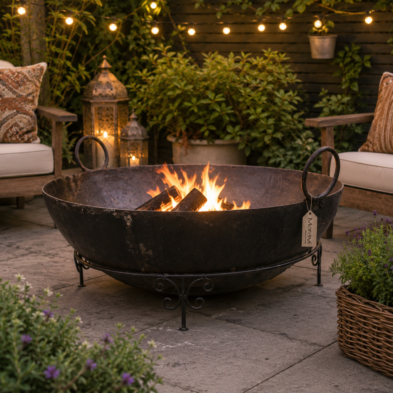 Vintage Giant Kadai Fire Bowl with Stand Garden Fire Pit