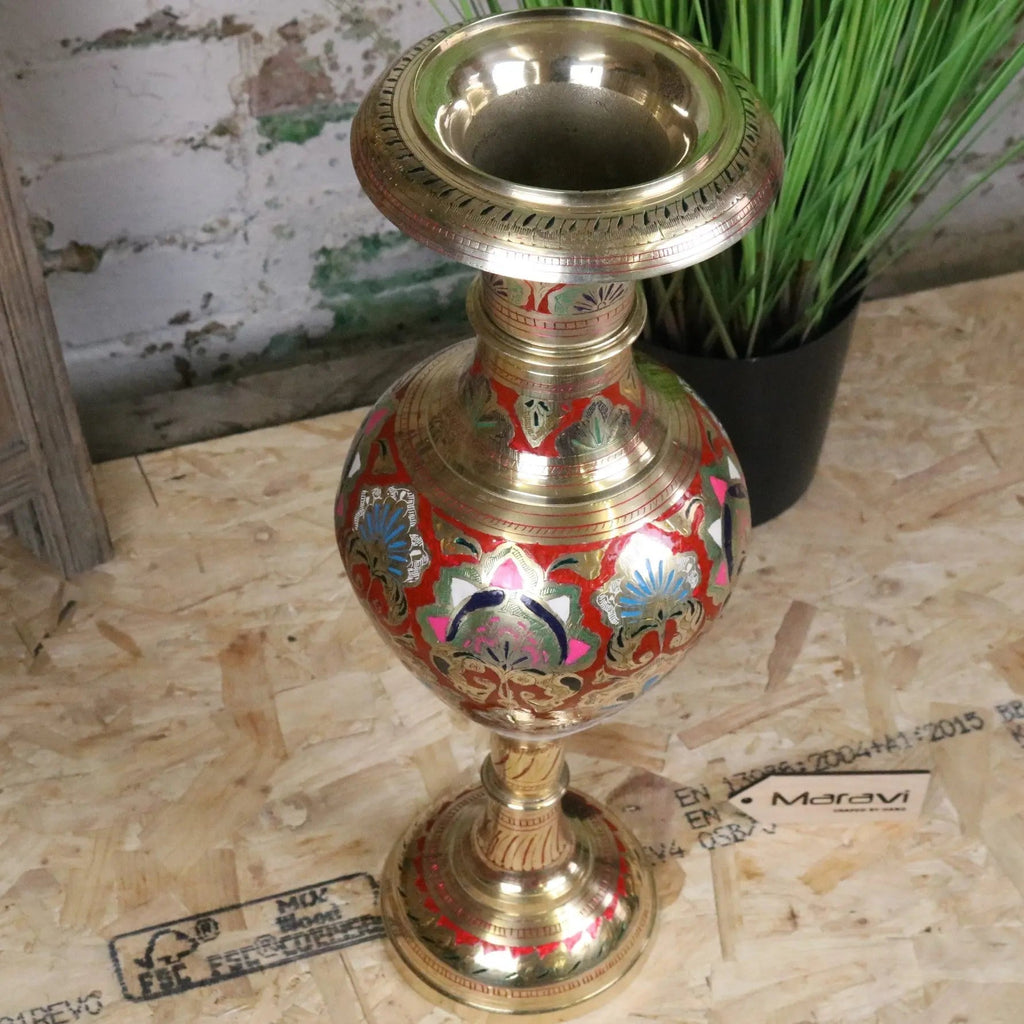 Vintage 60cm Large Brass Vase Hand Painted and Etched - Red
