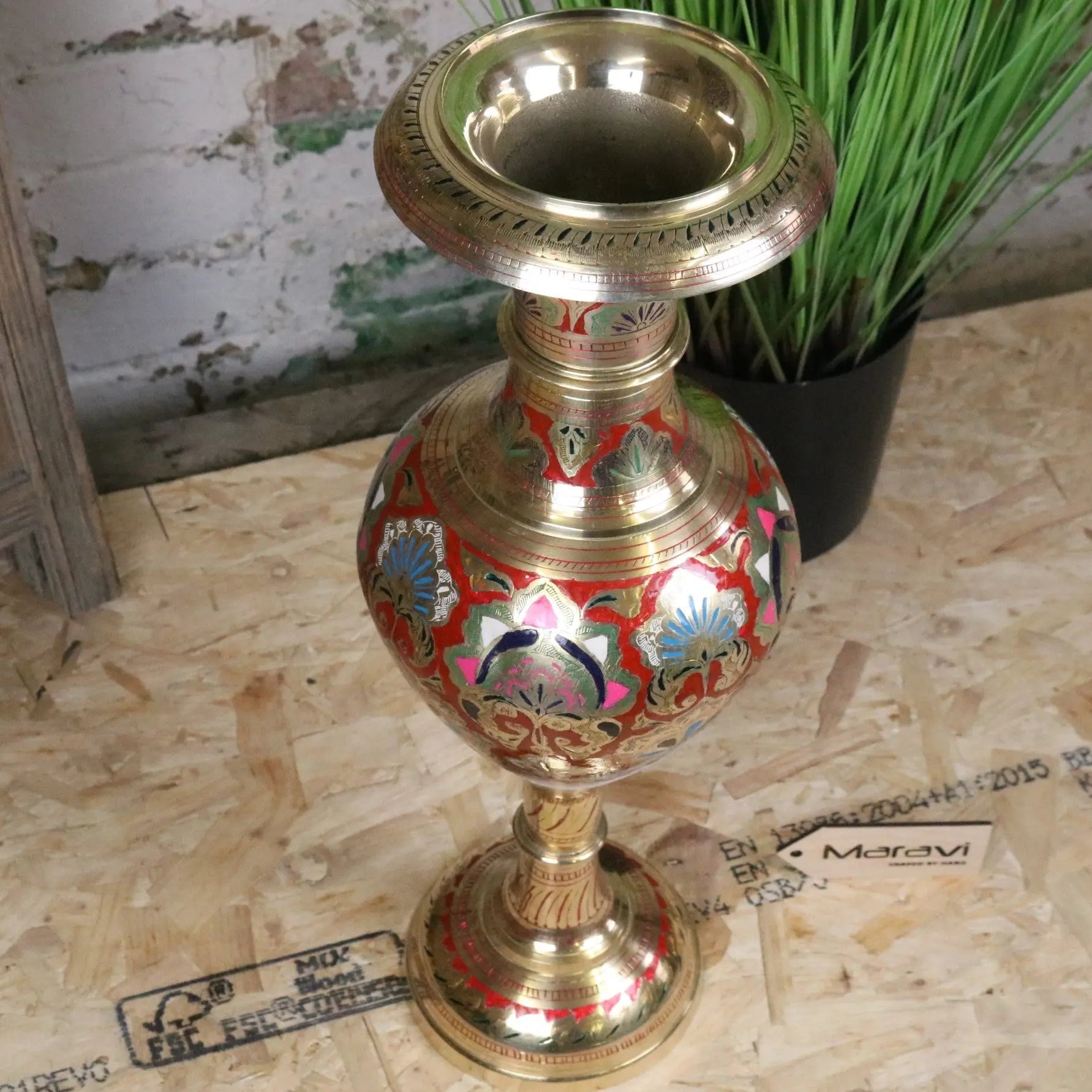 Vintage 60cm Large Brass Vase Hand Painted and Etched - Red