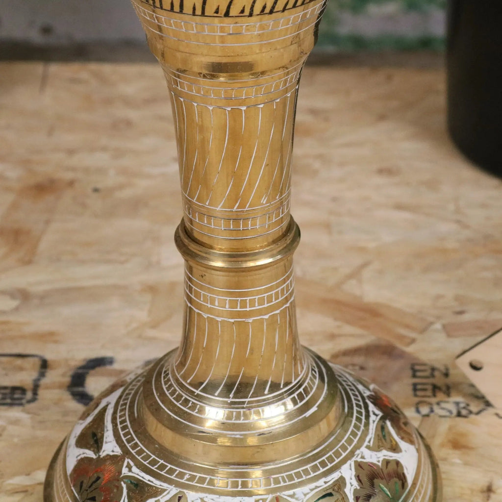 Vintage 77cm Large Brass Vase Hand Painted and Etched - White