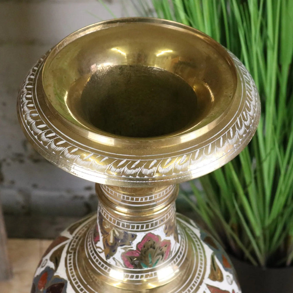 Vintage 77cm Large Brass Vase Hand Painted and Etched - White