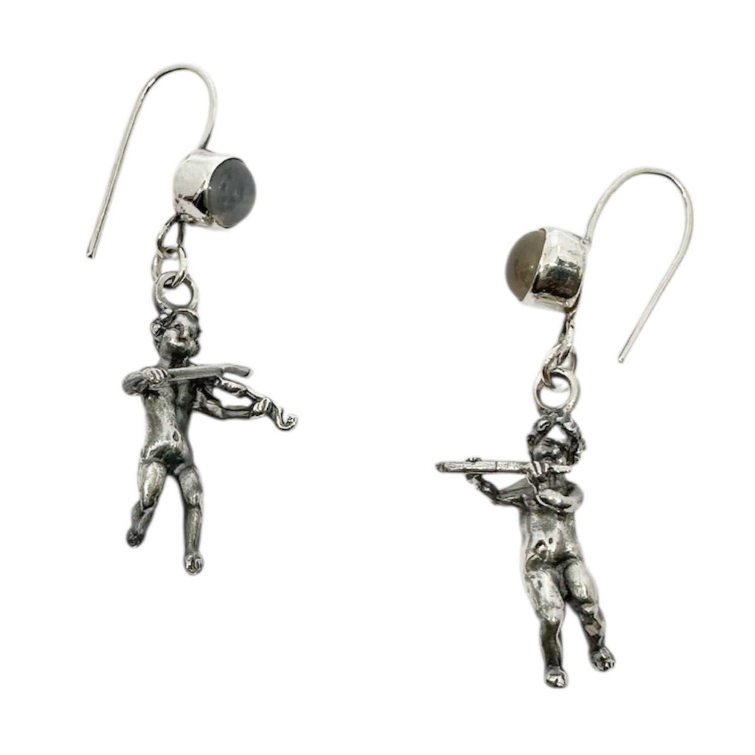 Violin & Flute Cherub Earrings with Cat's Eye Gemstones – One of a Kind – Handmade Sterling Silver 925